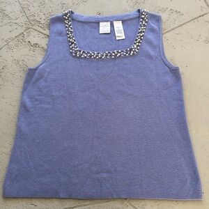 Emma James Petite Blue Beaded Silk/Rabbit Hair Beaded Square Neck Knit Tank Top